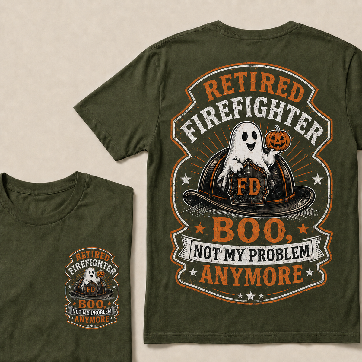 Retired Firefighter Halloween T-Shirt – Funny Boo Not My Problem Anymore Graphic Tee, Firefighter Retirement Gift